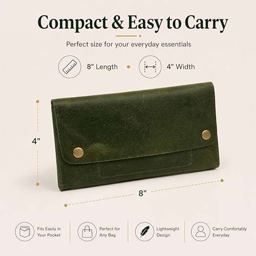 Image of Leather Currency Pouch - Handmade Cash Organizer with Double Button Closure & Zipper Pocket, Compact Money Holder for Travel & Everyday Use, 4 x 8 Inch (Green)