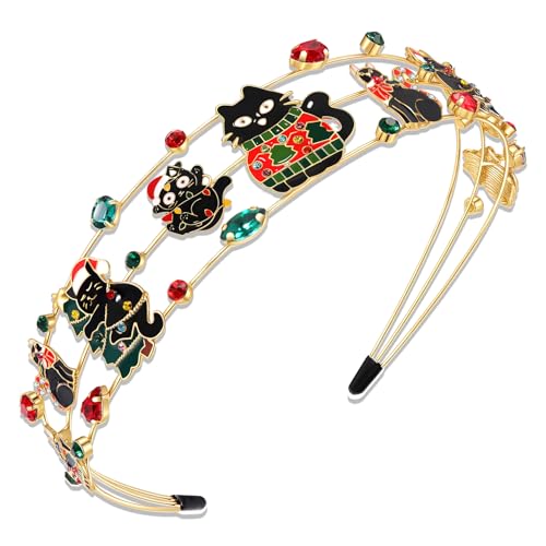 vokone Christmas Headbands for Women Santa Cat Headbands Multi Layer Crystal Hairbands Christmas Holiday Party Hair Accessory Gifts (Cat)