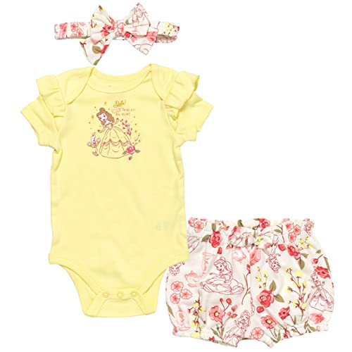 Image of Disney Princess Ariel Belle Tiana Baby Girls Bodysuit Bubble Shorts and Headband 3 Piece Outfit Set Newborn to Infant