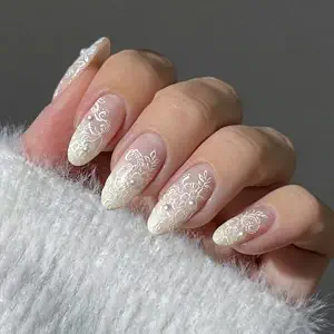 BABALAL Bridal Lace and Pearl Press-On Nails, Medium Almond