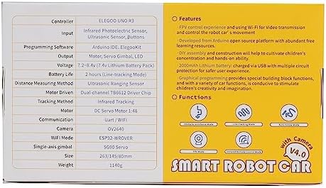 ELEGOO Inteligentny Zestaw Samochodowy Robota V4.0 Kompatybilny z Arduino IDE, Zestaw do Budowy Elektroniki z Kamerą, UNO R3, Moduł Bluetooth, Zabawki-Roboty Samochodowe dla Dzieci