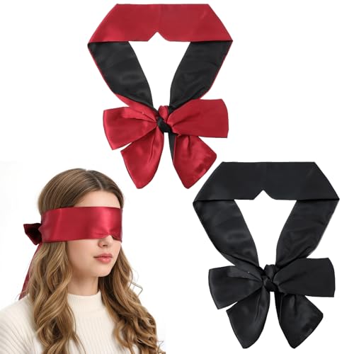 Tyqour 2 Pcs Soft Silk Blindfold for Adult Couples Satin Blind Folds for Adult Play Adjustable Blindfold for Party Games 59 Inch V-Shaped Blackout Sleep Mask for Women Men Gift (Black Red)