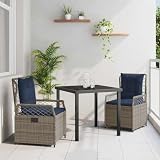 Teenpull Juego de comedor de jardín de 3 piezas, polirratán gris, moderno juego de muebles de terraza con 2 sillas y mesa de comedor, duradero para balcón, comedor al aire libre