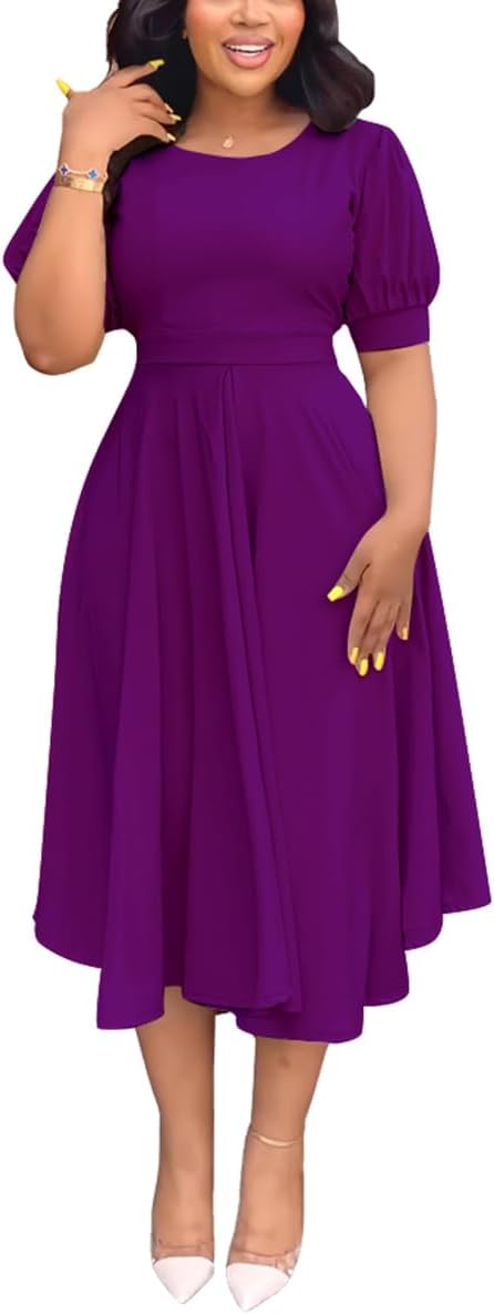 Summer Dresses for Women Semi-Formal Fit Casual Slim Short Puff Sleeve O-Neck Elegant Swing A Line Maxi Dresses