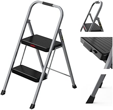 DuPont 2 Step Ladder,Folding Step Stool widen Anti-Slip Pedal and Rubber Feet ,330lbs load bearing Lightweight Portable iron Step Ladder (2 step, Grey)