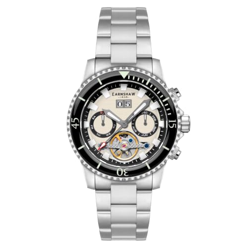 Thomas Earnshaw Men's 43mm Admiral Duncan Grand Date Calendar Open Heart Automatic Scone Silver Watch with Solid Stainless Steel Bracelet ES-8312-22