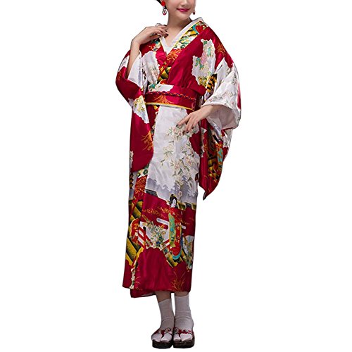 [Geisha] Japanese Style Women Kimono Yukata Bathrobe for Cosplay, Wine Red