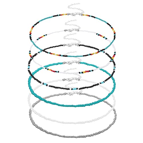 Image of Yolev 6 Pieces Colorful Tiny Seed Beaded Necklace Boho Beads Choker Seed Beaded Choker Necklace Beach Necklace Chain Jewelry for Women Teen Girls