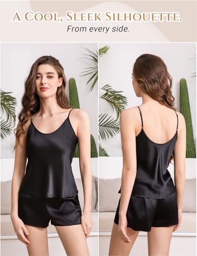 Image of THXSILK 100% Mulberry Silk Women Cami Pajama Set, Tank Top with Shorts Sleepwear, Adjustable Spaghetti Straps, Luxury Pj Set
