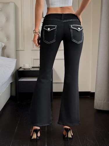 ZRP Women’s Black Elastic Low-Waisted Bell-Bottom Pants, Stretch Denim, Plus & Regular Sizes2