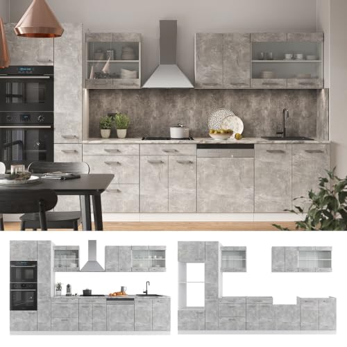 Miniatura 6 de Vicco Cocina R-Line, Hormigón Blanco, 350 Cm Con Armario Alto, Et Mármol