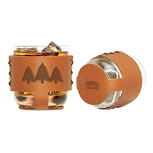Oowee Products | Pine Trees Leather Wrapped Rocks Glass | Box Set | Comes With Two 9.6 Ounce Glasses | Genuine Leather | Made In The Usa #TOP3
