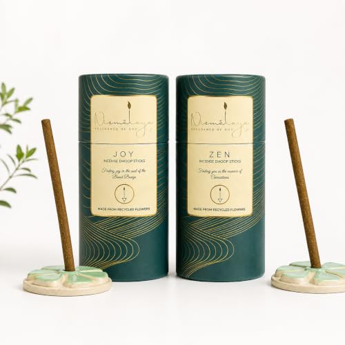Image of Nirmalaya Premium Joy & Zen Bambooless Dhoop Sticks (80 Sticks) with Ceramic Stand Sacred Temple Flower | 100% Charcoal-Free | for Pooja, Meditation, Yoga & Home Fragrance