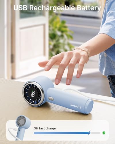 SWEETFULL Mini Fan Portable - Cute Handheld Turbo Fan with Rechargeable Battery, 5 Speeds, Small Hand Personal Travel Essentials for Women, Girls, Kids, Lash, Makeup - Light Blue - view 3