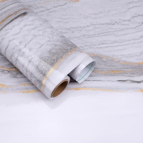 FANCYEASY Glossy White Grey Marble Contact Paper for Countertops Waterproof