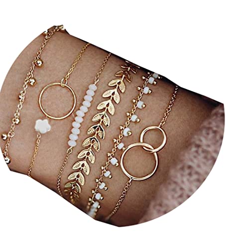 Jovono - Jovono Lot de 6 bracelets bohème superposés en perles dorées avec une chaîne de main et des pampilles pour femmes et filles - En forme de feuille