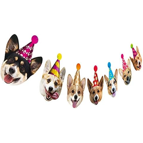 Silvima Dogs Birthday Garland, Funny Corgi Face Portrait Birthday Banner, Dog Bday Bunting Decoration Cover