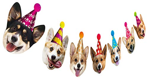 Silvima Dogs Birthday Garland, Funny Corgi Face Portrait Birthday Banner, Dog Bday Bunting Decoration