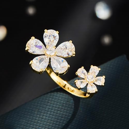 Kokoma Double Flower CZ Ring for Women Gold Plated Floral Open Statement Ring Wedding Band Promise Engagement Rings Wrap Finger Rings Fashion Jewelry4