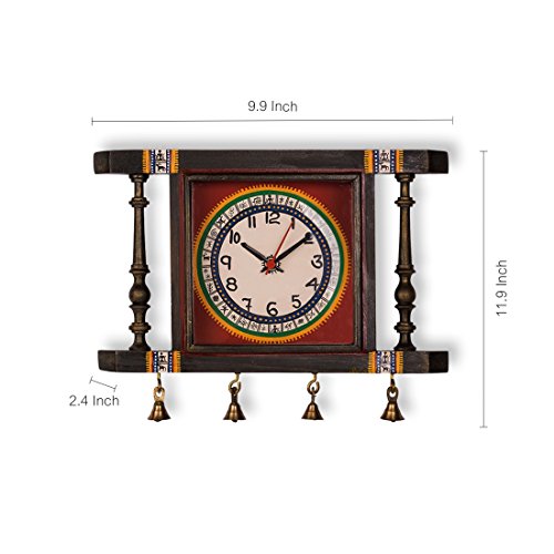 Image of ExclusiveLane Warli Hand-Painted Living Room Bedroom Stylish Decorative Teak Wood Wall Clock (30.2 cm x 6.1 cm x 25.1 cm, Natural Dark Brown and Red), Abstract