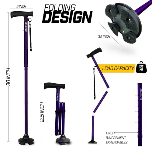 Image of ZELECKS Walking Cane for Women & Men - Self Standing Adjustable Folding Cane with T Handle and 360 Pivot Base - Lightweight Foldable Walking Stick for Seniors - Collapsible Cane for Walking