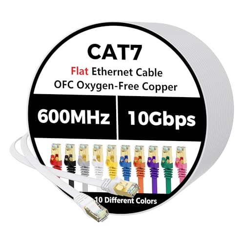 Flat Cat 7 Ethernet Cable 30 FT, 10Gbps, 600MHz, STP Shielded, OFC, White