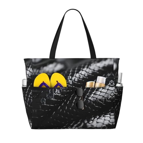 snake skin black and white Print Large Capacity Foldable Washable Zipper Beach Travel Tote Bag ShoppingBag