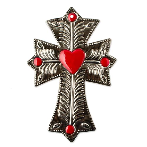 NOVICA Embossed Tin Wall Cross Metal Red Tinmetal Mexico Decor Crosses Spiritual Religious Hand Painted