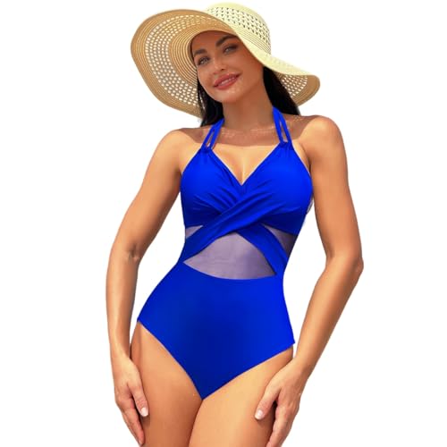 2024 Nuevo bañador para Mujer Traje de baño de una Pieza con Chiffon Medio Transparente Bordado en el Medio Bikini para veraneo (FR/ES, Letras, S, Regular, Regular, Azul)