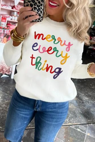 Image of LEMAFER Women 2026 Merry Christmas Round Neck Sequin Letters Sweater Casual Solid Slogan Long Sleeve Pullover Sweatshirt Tops