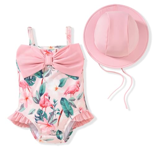HINTINA Newborn Baby Girl One Piece Swimsuit Sleeveless Bathing Suit with Hat