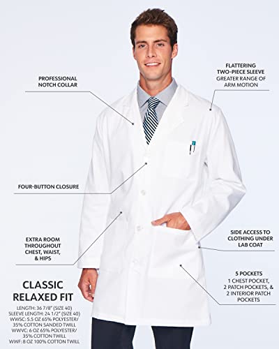 Landau Mens Landau Essentials Relaxed Fit 5-Pkt 4-Button Full-Length For Men 3124 Medical Lab Coat, White 6 Oz Polycotton Twill, 40 Us #TOP1