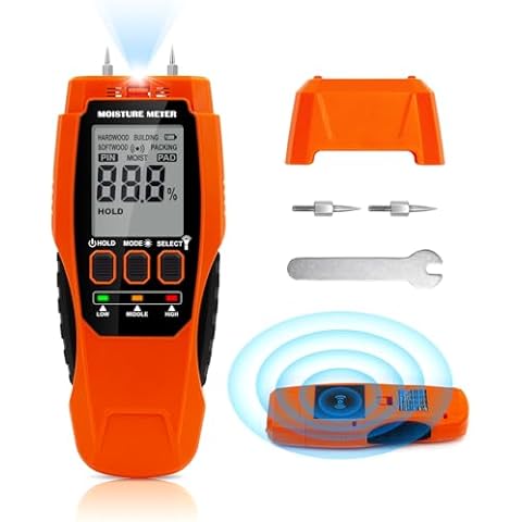 ELMCONFIG Wood Moisture Meter, 2 in 1 Two Pins & Pinless Moisture Detector, Moisture Sensor with Illumination and Alert, Moisture Meter for Drywall Wood Packing Cover