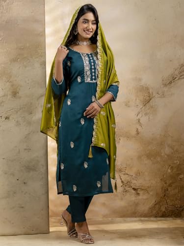 Image of VredeVogel Women's Silk Blend Embroidered Kurta with Pant & Dupatta Set | Modern & Traditional Blend Ethnic Wear | Festive & Casual Outfit