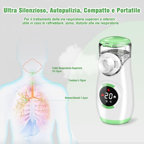 Aerosol Portatile Silenzioso con Digitaler Anzeige, Macchina Aerosol per Adulti Bambini con Boccaglio e Maschera, per Malattie delle Vie Respiratorie Superiori e Inferiori - Verde - 7