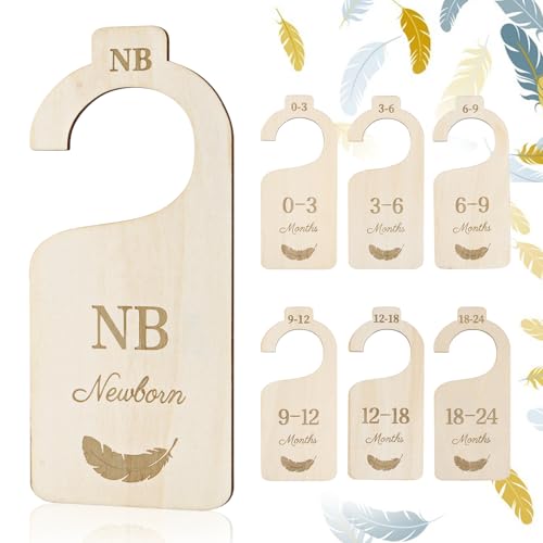 Image of Holismo Baby Closet Dividers for Clothes Organizer, Set of 7 Wooden Hanger Organizer from Newborn to 24 Month, Double-Sided Baby Clothes Size Dividers for Nursery Decor and Organization