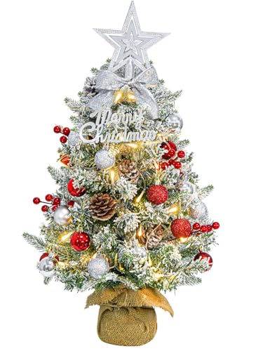 Mini Albero di Natale Artificiale con Luci LED, 60cm Piccolo Albero di Natale Decorato Innevato con Ornamenti, Albero di Natale da Tavolo per Decorazioni Casa Ufficio Interno