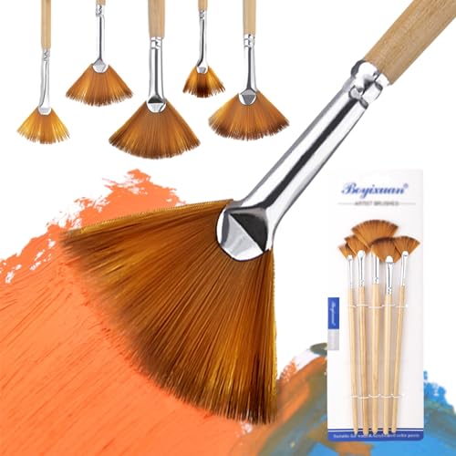 Nylon Artist Fan Brushes Set, 1Set 5 PCS Soft Anti-Shedding Paint Brush Set, Professional Artist Acrylic Paint Brushes Set with Long Wood Handle for Oil, Watercolour, Beginners, Artists, Professionals