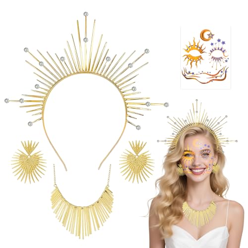 Kuvarix Sonne Kostüm Zubehör mit Haarreif Sonne, Ohrring, Halskette, Gesichtsaufkleber für Karnevalsparty-Aktivitäten, Rollenspiele Kuvarix Sonne Kostüm Zubehör mit Haarreif Sonne, Ohrring, Halskette, Gesichtsaufkleber für Karnevalsparty-Aktivitäten, Rollenspiele