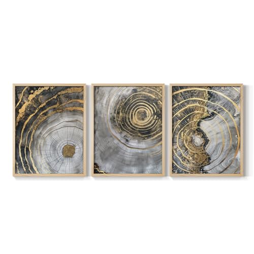 Renditions Gallery Set of 3 Peel & Stick Framed Prints, Modern Wall Art, Abstract White Spiral Wall Decor, Re-Stickable - Ready to Hang - 22"x28" - Natural Frame LT597