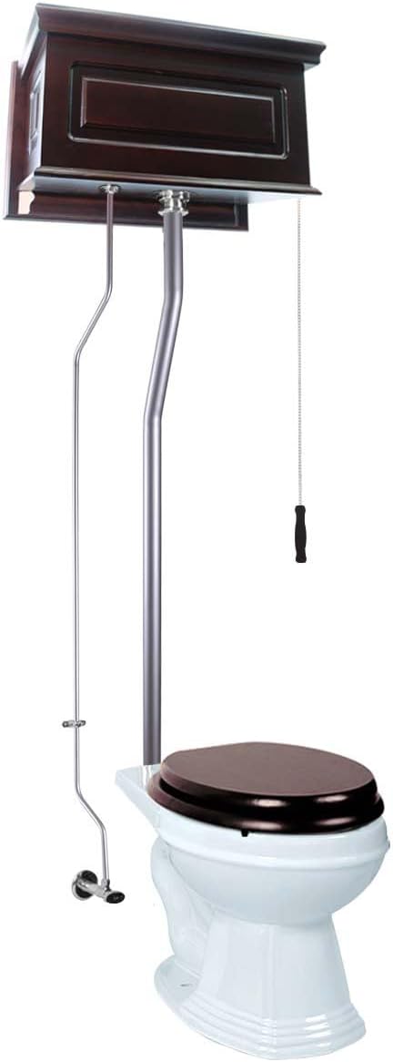 Renovators Supply Manufacturing High Tank Pull Chain Toilet With Dark Oak Wooden Raised High Tank 70 In. To 74 In. Adjustable Height Satin L Pipe And Round Toilet Bowl
