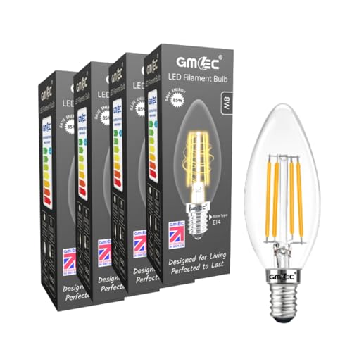 Image of GMEC 4-Pack E14 LED Candle Light Bulbs 8W, 1050 Lumens, Warm White 3000K, Clear Glass Filament, Small Screw Light Bulb (SES), 80W Halogen Replacement, Non Dimmable