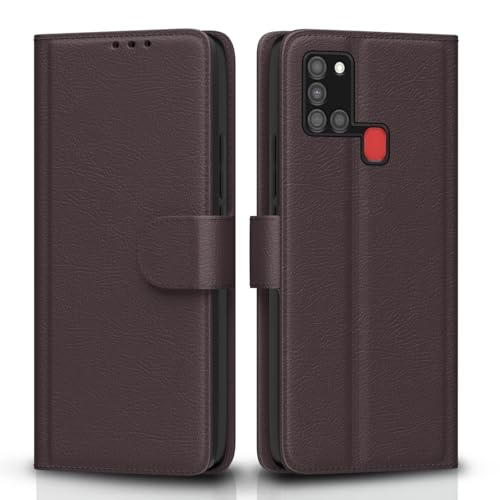 Image of Pikkme Samsung Galaxy A21s Flip Case Leather Finish | Inside TPU with Card Pockets | Wallet Stand and Shock Proof | Magnetic Closing | Complete Protection Flip Cover for Samsung Galaxy A21s (Coffee)