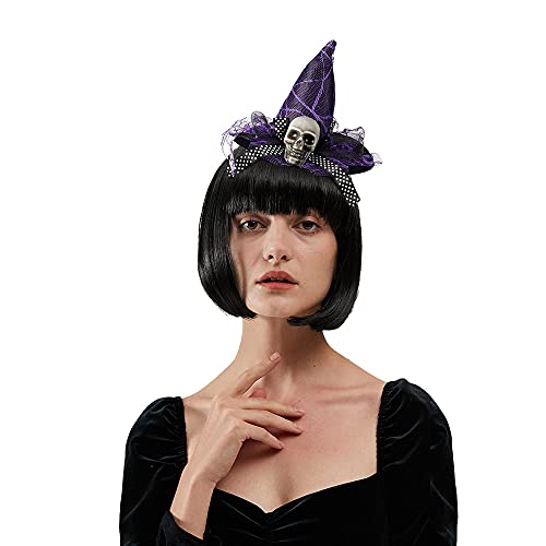 KEPATO Halloween Witch Hat Headband with Skull Head,Halloween Headbands Costume Dress up,Cobweb and Purple Mesh Covered Witch Hat Headband for Halloween Decorations Dress Up Party