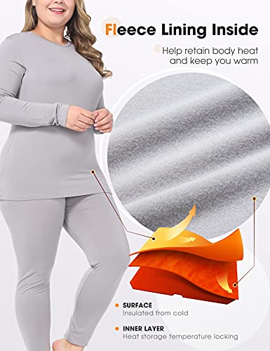 Nuonita Thermal Underwear For Women Plus Size Long Johns Set Fleece Lined Base Layer Top & Bottom 2Xl Gray #TOP1