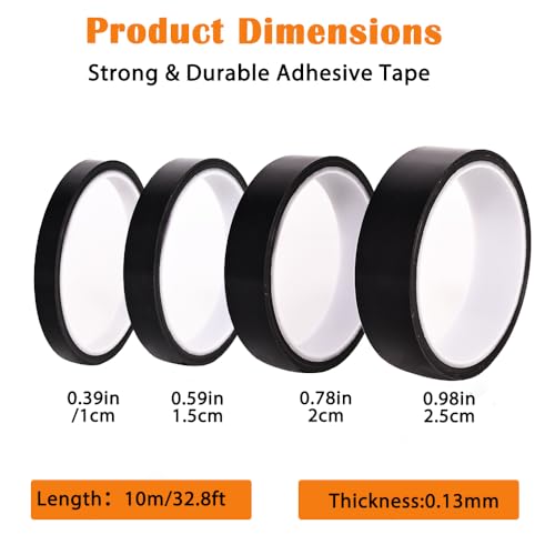 Image of High Temperature Adhesive Tape 4 Rolls Heat Resistant PTFE Fiberglass Tape 10mm /15mm /20mm /25mm (0.39 inch /0.59 inch /0.79 inch /0.98 inch) Width, 10m /33ft Length, Black