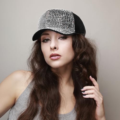 Image of Peohud Set of 2 Rhinestone Baseball Caps, Adjustable Snapback Baseball Hat for Women Men, Breathable Sparkle Bling Sun Hat for Sport, Party, Outdoor Activities Black