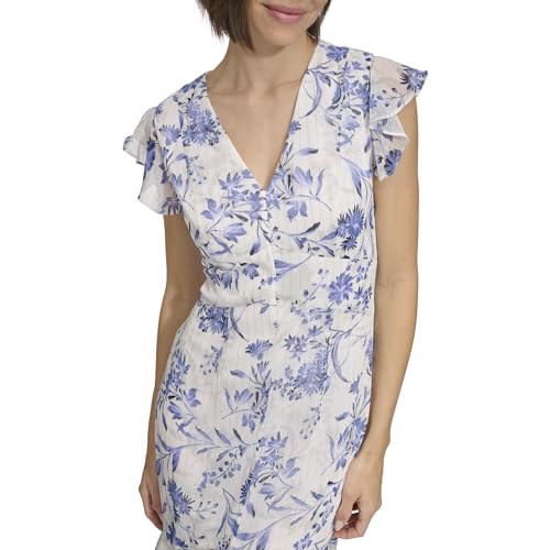 Image of Tommy Hilfiger Women's Flutter Sleeve V-Neck Ruffle Trim Hi-Lo Midi Dress