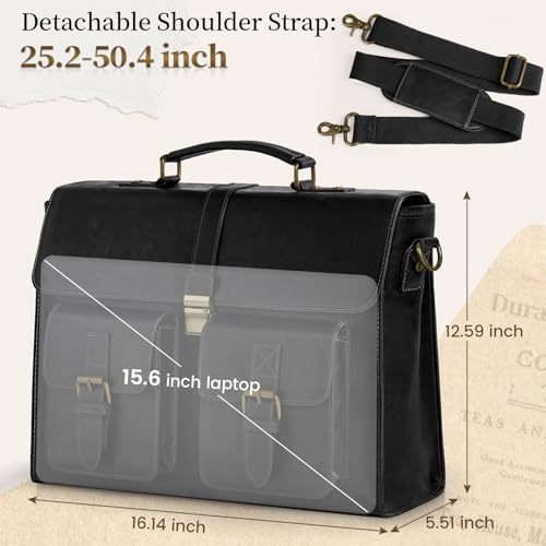 Image of RAINSMORE Mens Messenger Bag 15.6 Inch Leather Vintage Laptop Briefcase Waterproof Computer Laptop Bag Leather Satchel Bag Large Shoulder Bag for Office Work Travel College, Black