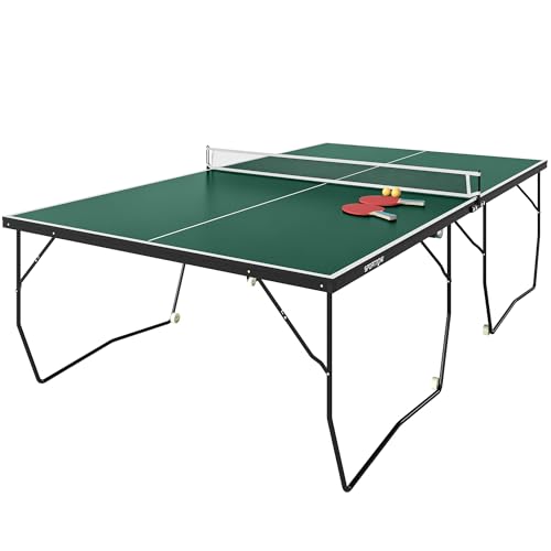 Table de ping-Pong SPORTNOW, Table de ping-Pong Pliante avec Filet, roulettes, 2 Raquettes et 3 balles, Acier, Vert, 274 x 152,5 x 76 cm